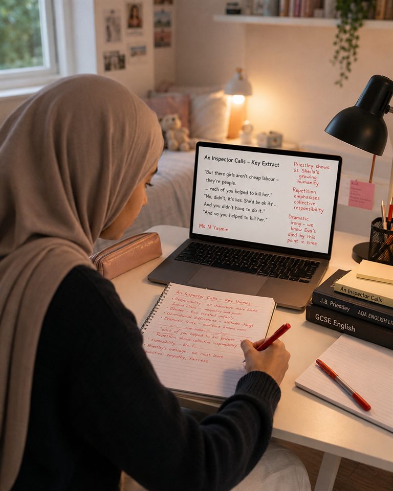 GCSE student annotating English Literature notes in red pen during an online lesson, laptop showing the tutor's marked-up extract