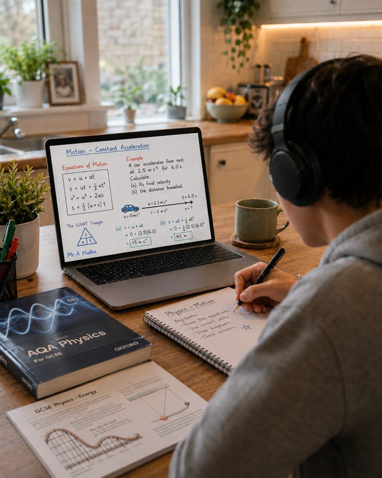 Student taking handwritten notes at a kitchen table during a live online Physics lesson, laptop showing the tutor's worked example on constant acceleration with no camera feed